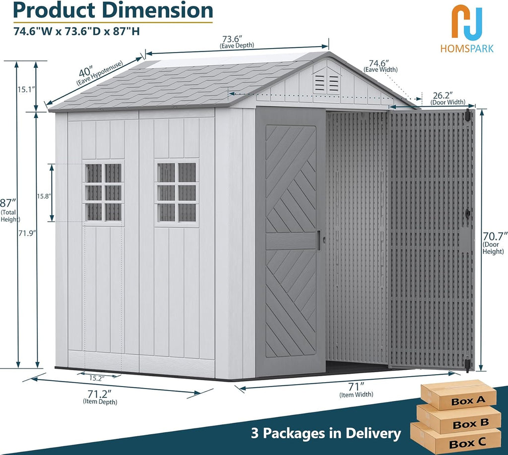 HOMSPARK Outdoor Resin Storage Shed 6x6 Ft With Floor And Windows - Grey