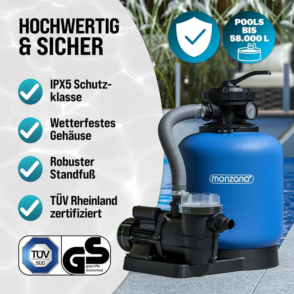MONZANA Pool Sand Filter System 13.200L/h, 58.000L Pool, 600W, 30L Tank, 32-38mm Adapter - SF110K