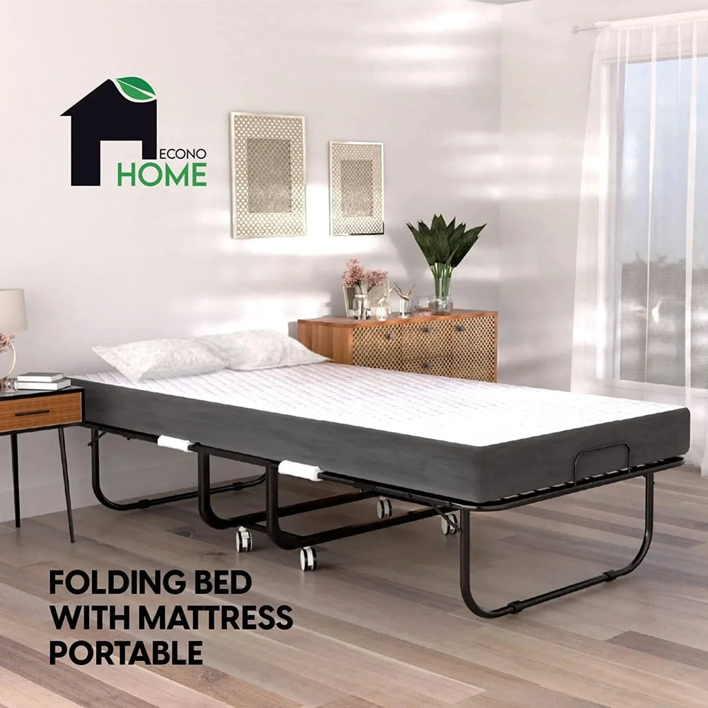 EconoHome Folding Bed With 5-Inch Memory Foam Cot Mattress, 75x31 - Portable Rollaway Bed