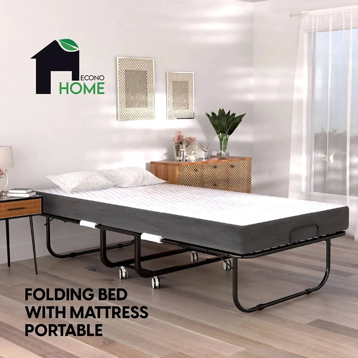 EconoHome Folding Bed With 5-Inch Memory Foam Cot Mattress, 75x31 - Portable Rollaway Bed