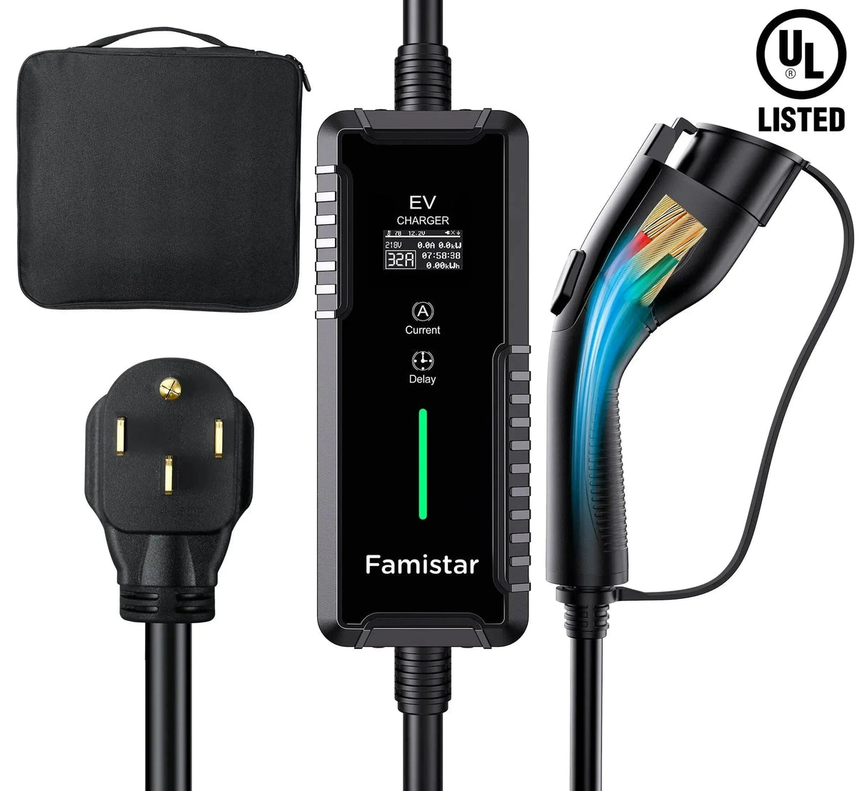 Famistar Portable Level 2 And Level 1 EV Charger, 16Amp 110-240V J1772 With 25ft Cord - UPC-B1-16AC