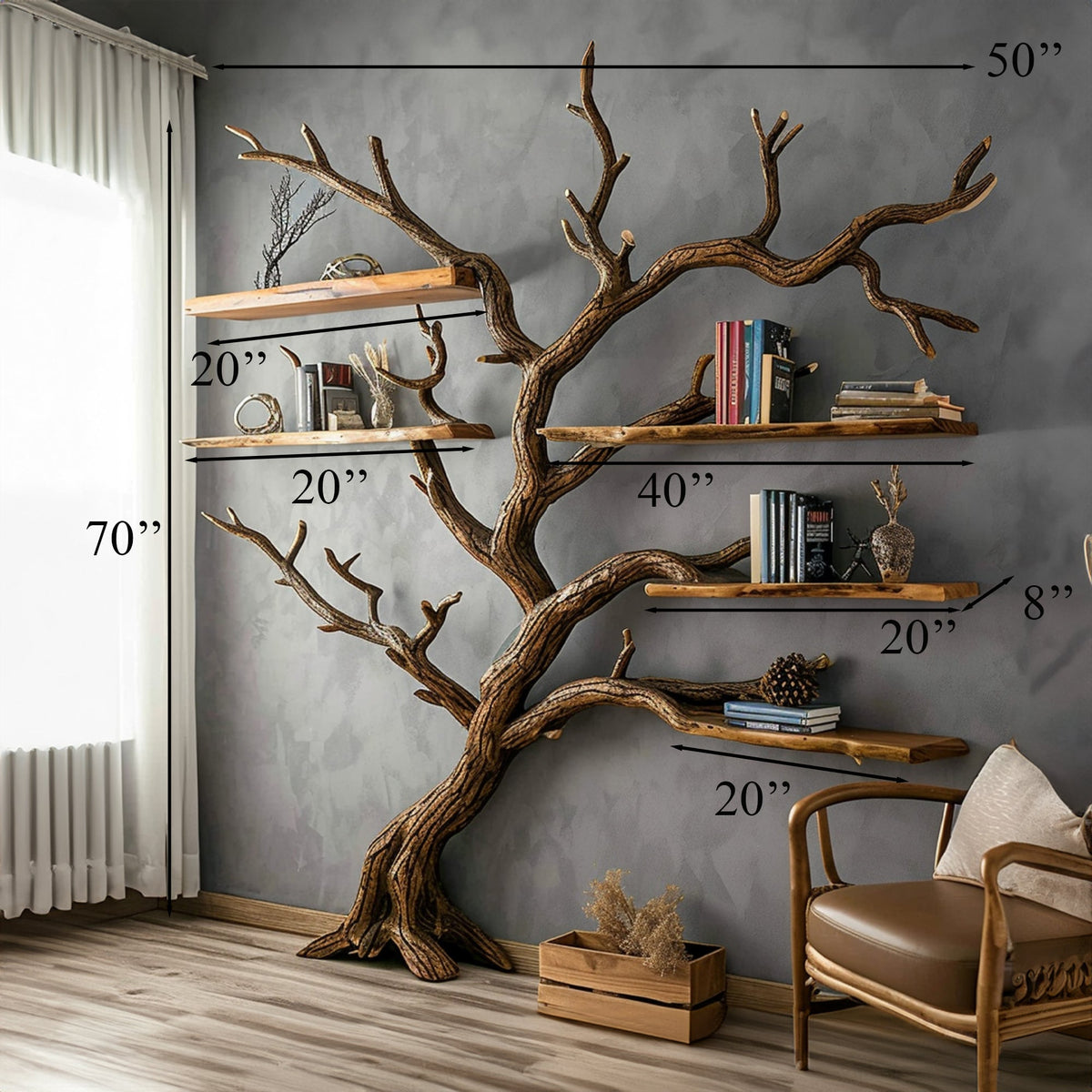 Tree Branch Bookshelf, Carved Solid Wood Wall Shelf for Living Room
