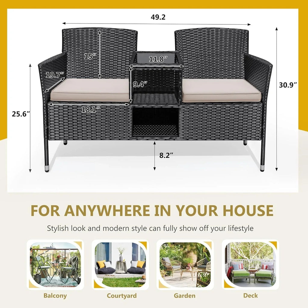 Flamaker Outdoor Wicker Patio Loveseat With Built-In Table And Cushions, Beige - 49.2 x 21.3 x 30.9 in
