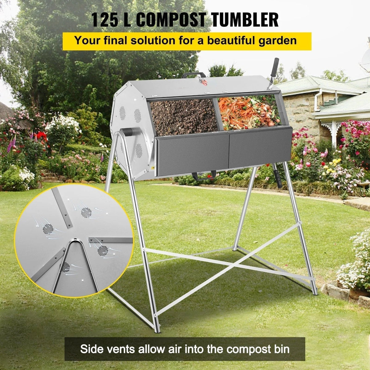 33 Gallon Steel Outdoor Dual-Chamber Compost Tumbler Bin