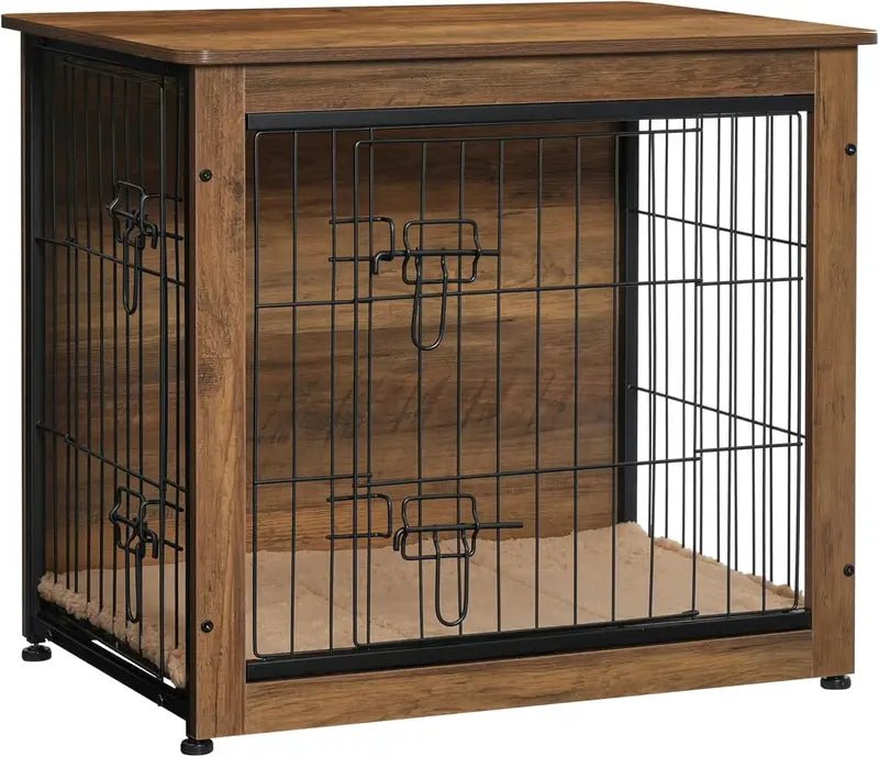 DWANTON Wooden Dog Crate Furniture With Cushion, Double Doors And Adjustable Feet