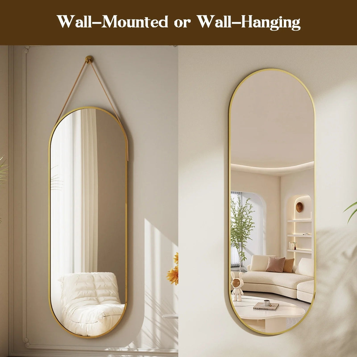 Full Length Wall Mirror, 48 x 16 Inch, Black, Leather Strap