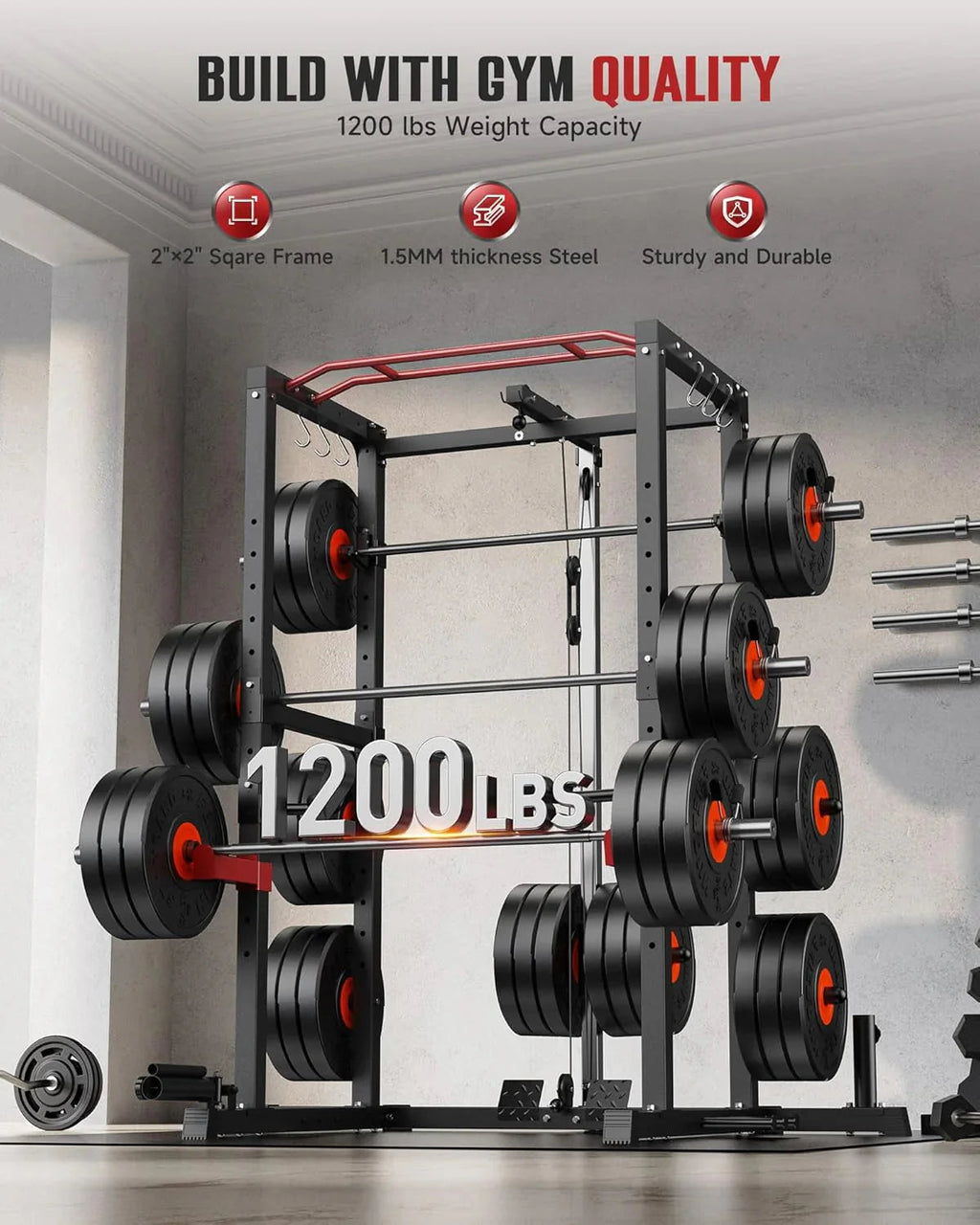 Sportsroyals Power Cage With Adjustable Cable Crossover System, 1600 lbs, Red, 61.6 x 56.0 x 82.6 in - Power Cage