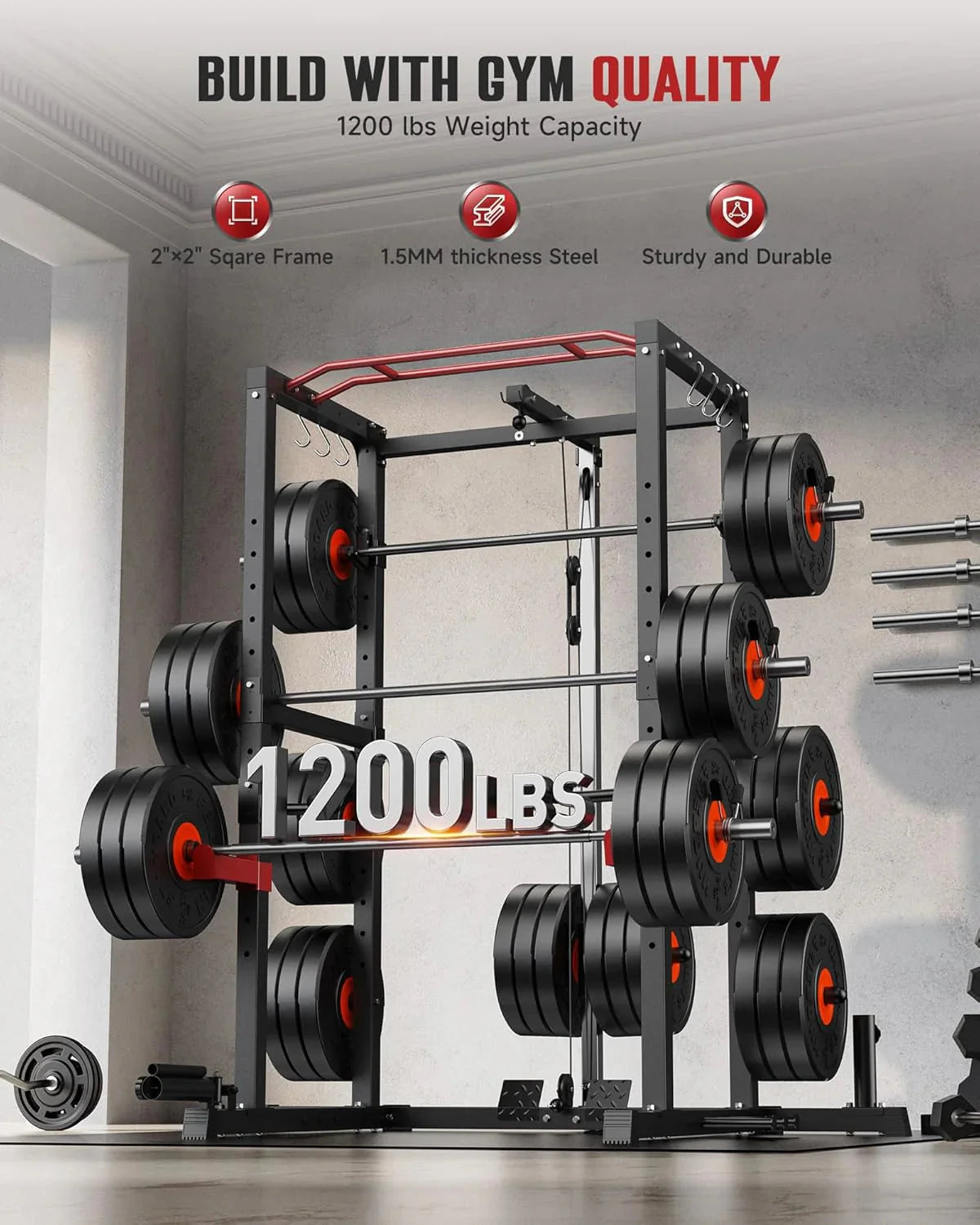 Sportsroyals Power Cage With Adjustable Cable Crossover System, 1600 lbs, Red, 61.6 x 56.0 x 82.6 in - Power Cage