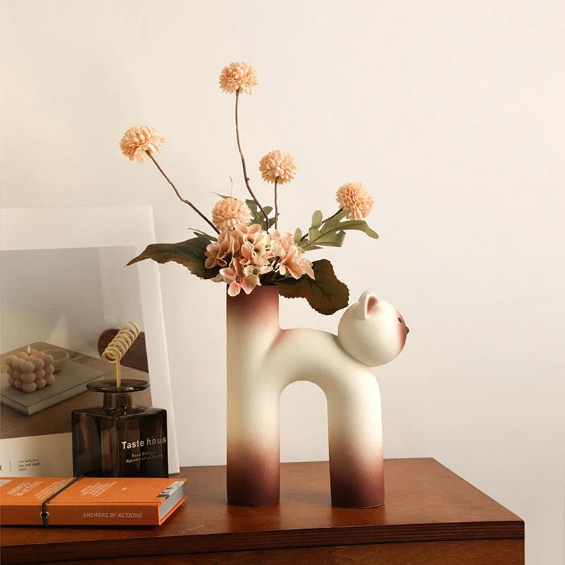 Ceramic Cat Decorative Vase With Matte Glaze - Tube Siamese Cat
