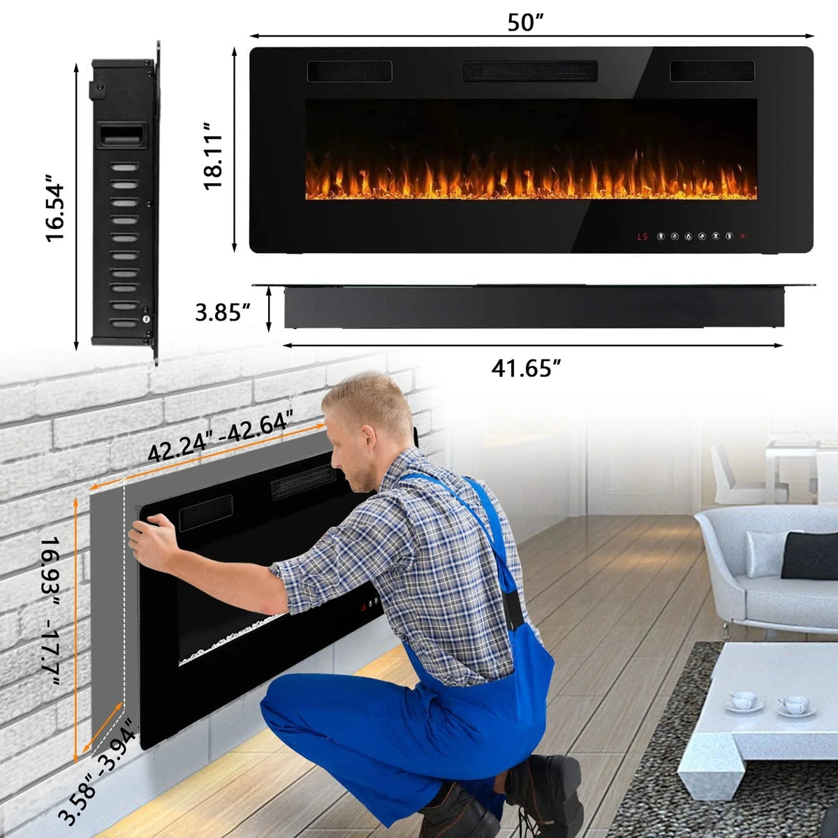 Ultra-Thin Linear Electric Fireplace, 30-72 Inch, Wall Mounted/Recessed