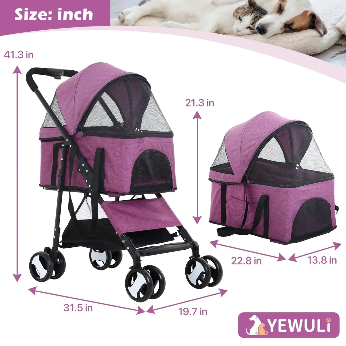 NiamVelo 3-in-1 Detachable Pet Stroller With 4 Wheels, Purple