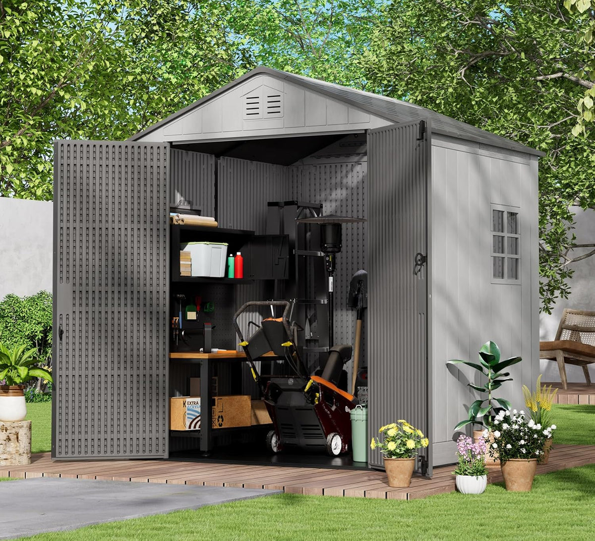 HOMSPARK Outdoor Resin Storage Shed 6x6 Ft With Floor And Windows - Grey