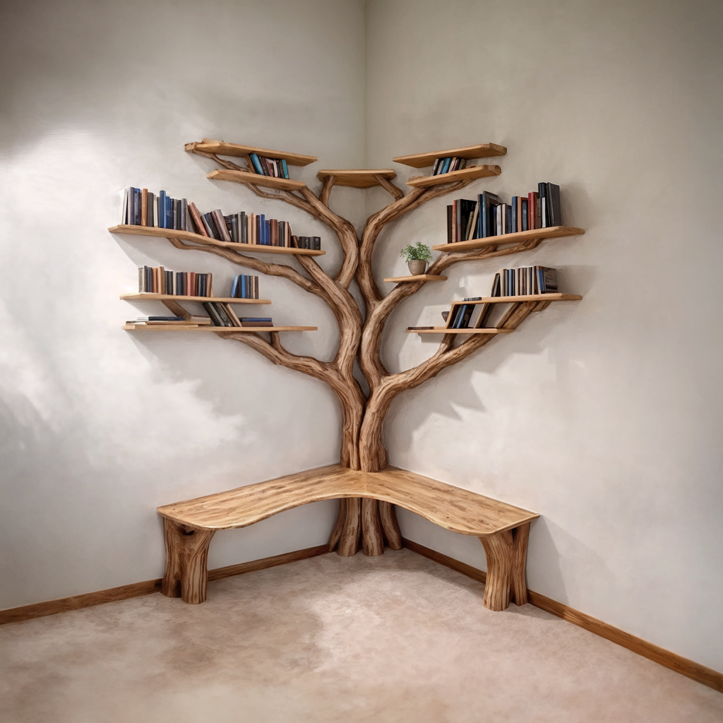 Tree Corner Bookshelf with L-Shaped Bench, Floating Wood Reading Nook