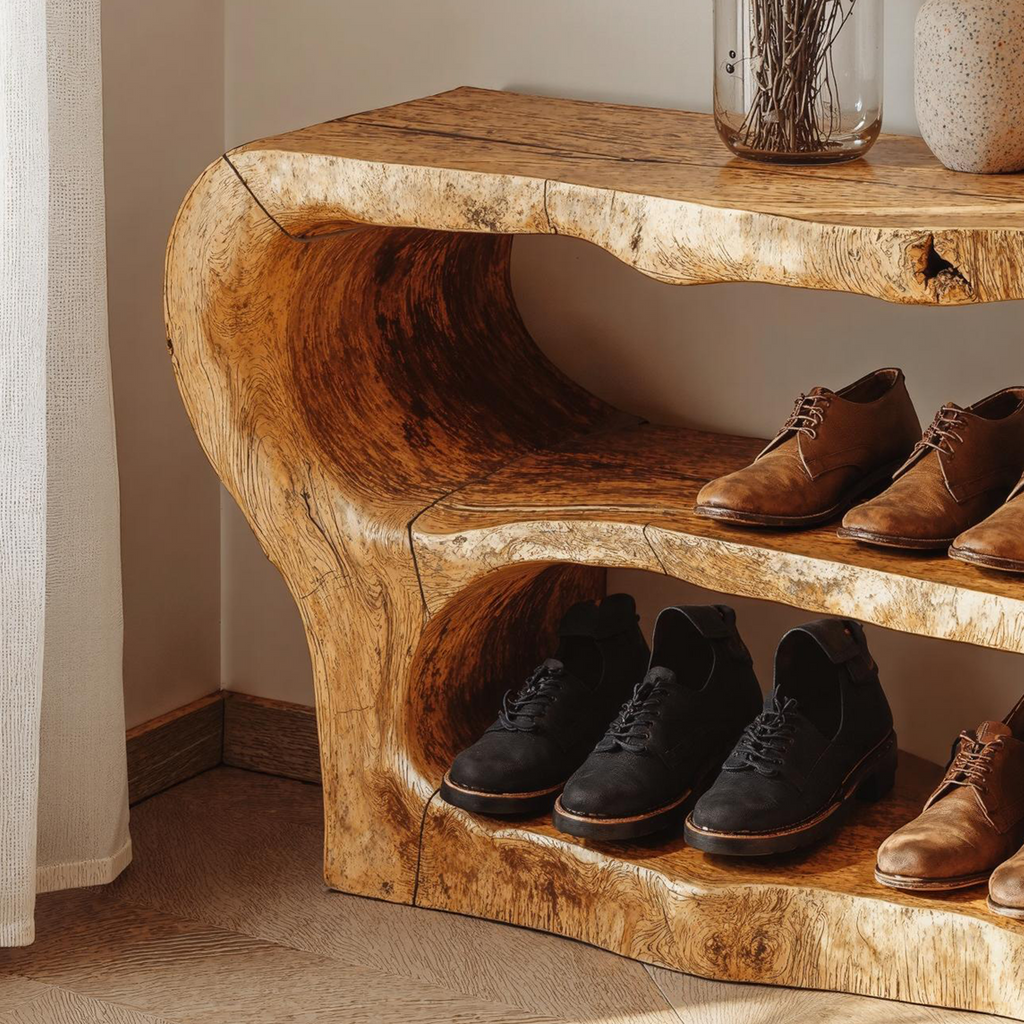 3-Tier Shoe Rack Bench, Rustic Solid Wood Entryway Storage