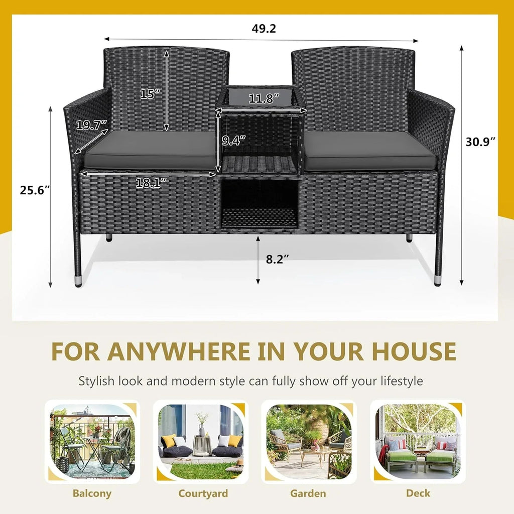 Flamaker Outdoor Wicker Patio Loveseat With Built-In Table And Cushions, Beige - 49.2 x 21.3 x 30.9 in