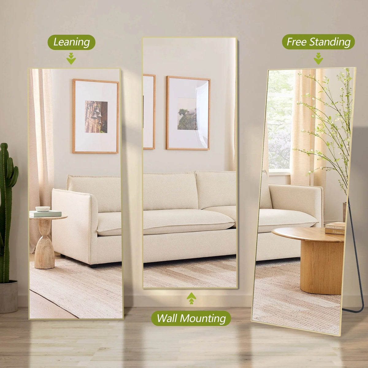 Full-Length Floor Mirror 64x21, Aluminum Alloy Frame With Stand And Wall Mount Option