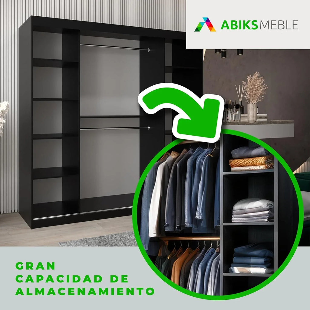 ABIKSMEBLE Bedroom Wardrobe With 3 Sliding Doors, Mirror, Black Matte And Sonoma, 200 x 200 x 62 cm - Verona 4 200