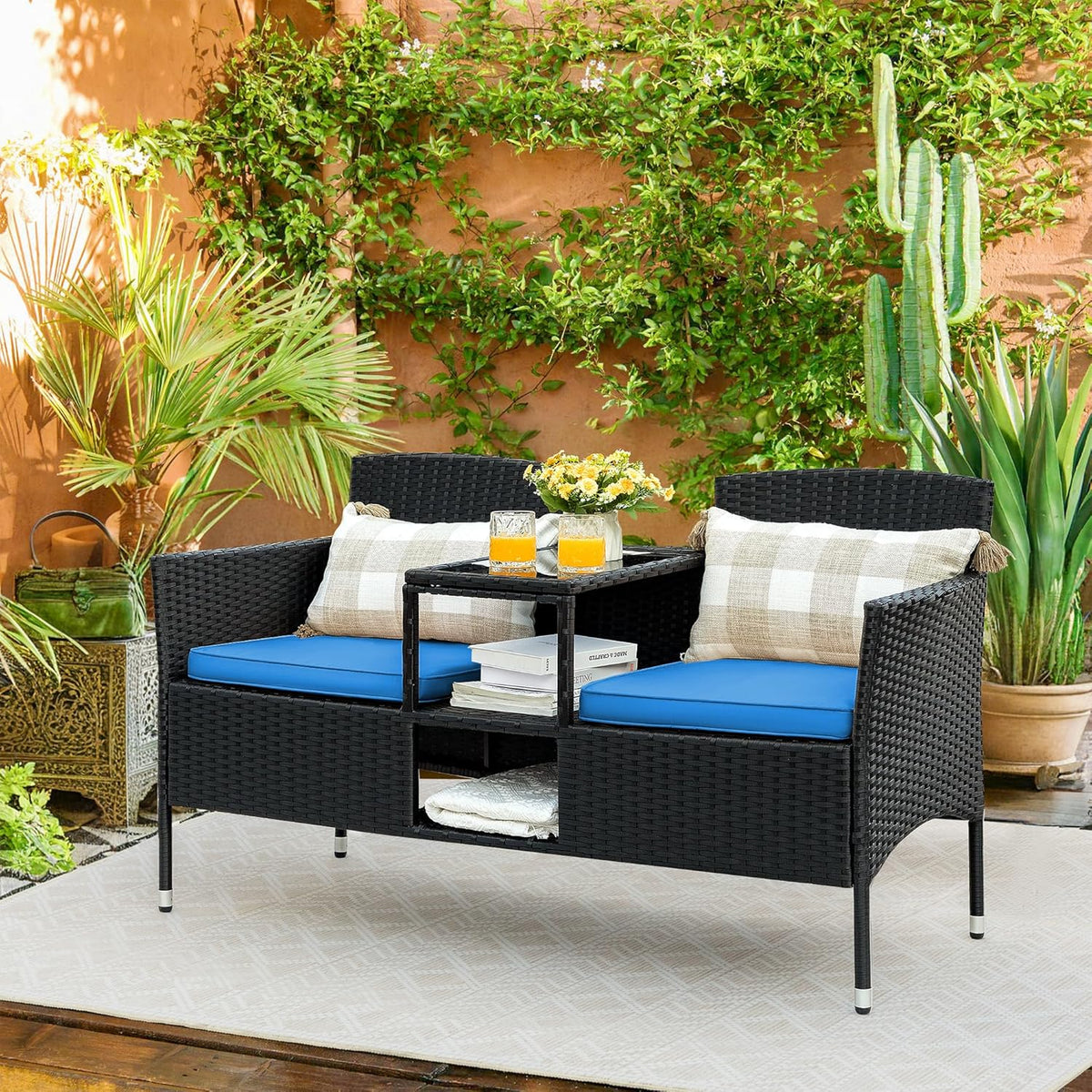 Flamaker Outdoor Wicker Patio Loveseat With Built-In Table And Cushions, Beige - 49.2 x 21.3 x 30.9 in