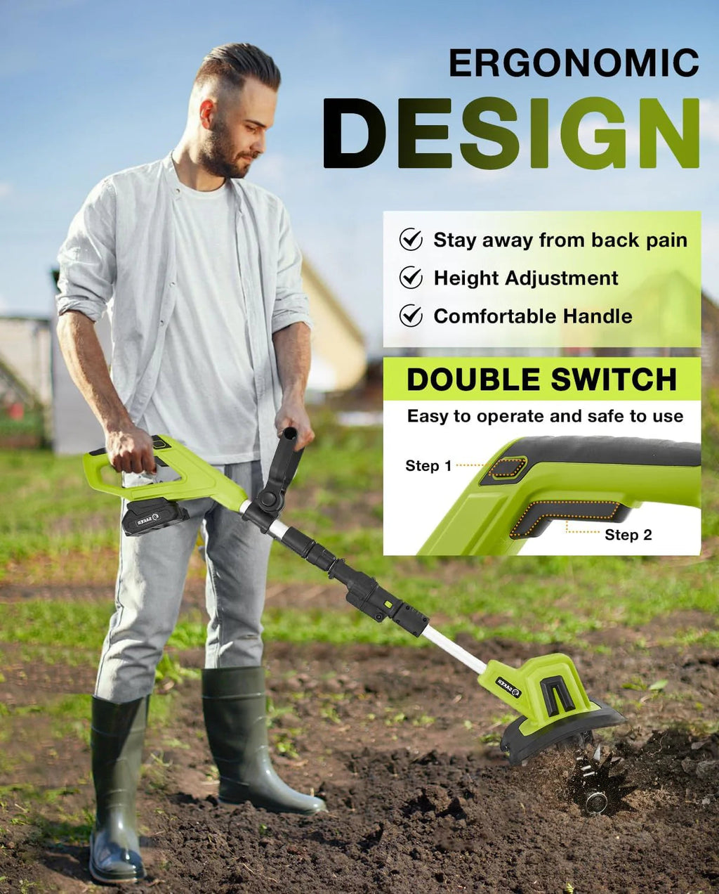 Saker 22V Cordless Electric Garden Tiller Cultivator, 9-Inch Width, 6.3-Inch Depth, 2 Batteries - SK-TC18B