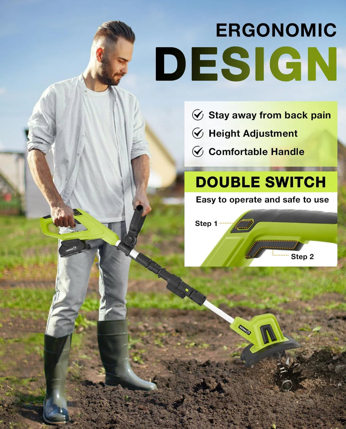 Saker 22V Cordless Electric Garden Tiller Cultivator, 9-Inch Width, 6.3-Inch Depth, 2 Batteries - SK-TC18B