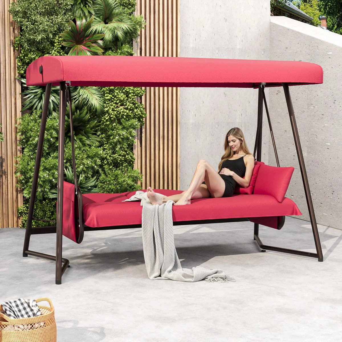 TQKVIPI 4 Person Outdoor Porch Swing Bed With Adjustable Backrest Canopy - 800 lbs Capacity