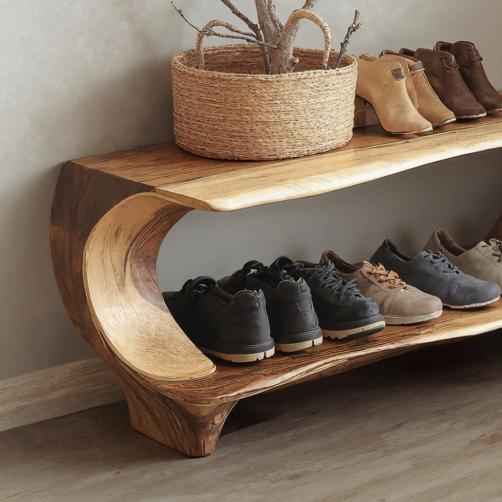 Entryway Shoe Rack Bench, Narrow Live Edge Solid Wood Storage Bench