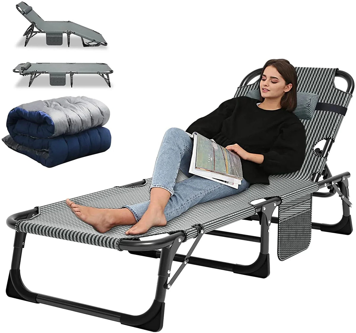 Slsy 5-Position Adjustable Folding Lounge Chair And Cot - 75.2" x 25.6" x 11.8"