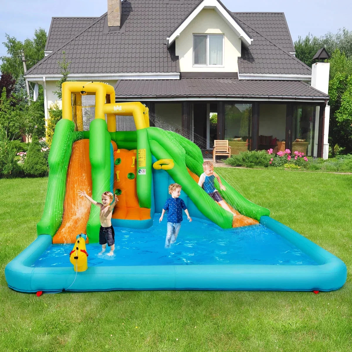Inflatable Water Park Bounce House With Climbing Wall, Two Slides And Splash Pool - 157.5in x 142in x 100.5in
