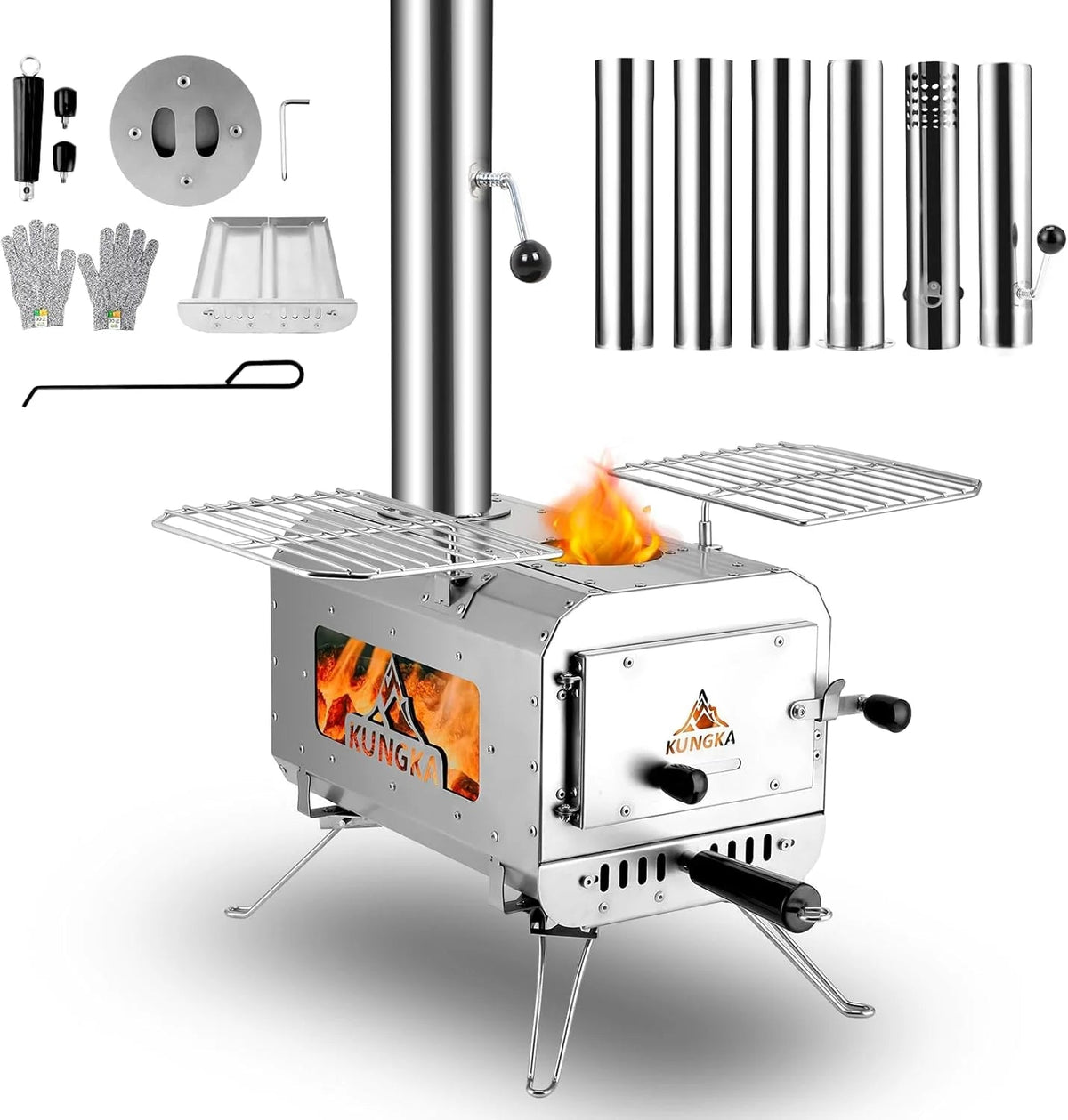 Portable Wood-Burning Tent Stove, 7.3 Foot Tall, Stainless Steel, 6 Chimney Pipes