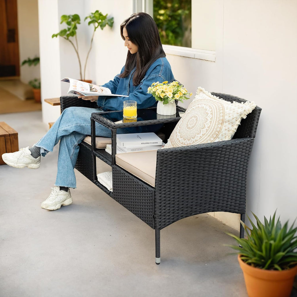 Flamaker Outdoor Wicker Patio Loveseat With Built-In Table And Cushions, Beige - 49.2 x 21.3 x 30.9 in