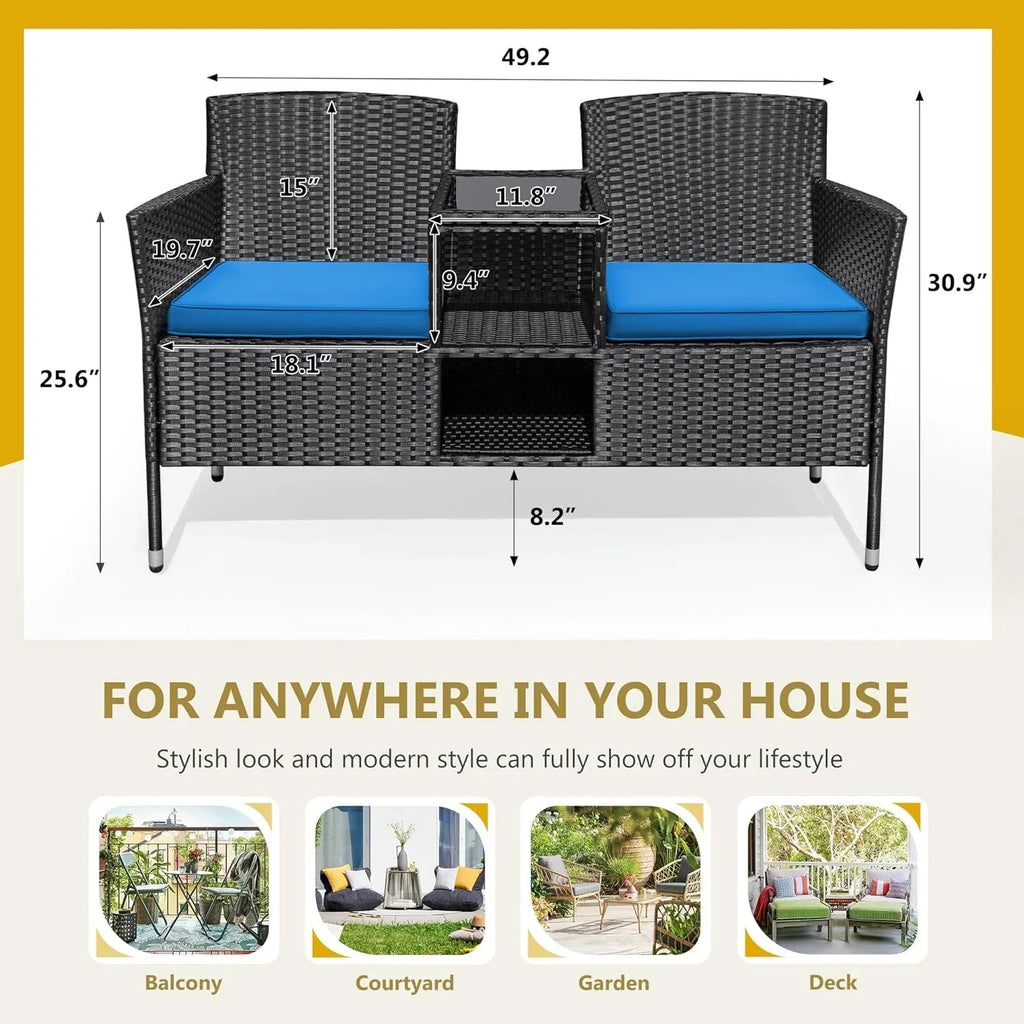 Flamaker Outdoor Wicker Patio Loveseat With Built-In Table And Cushions, Beige - 49.2 x 21.3 x 30.9 in
