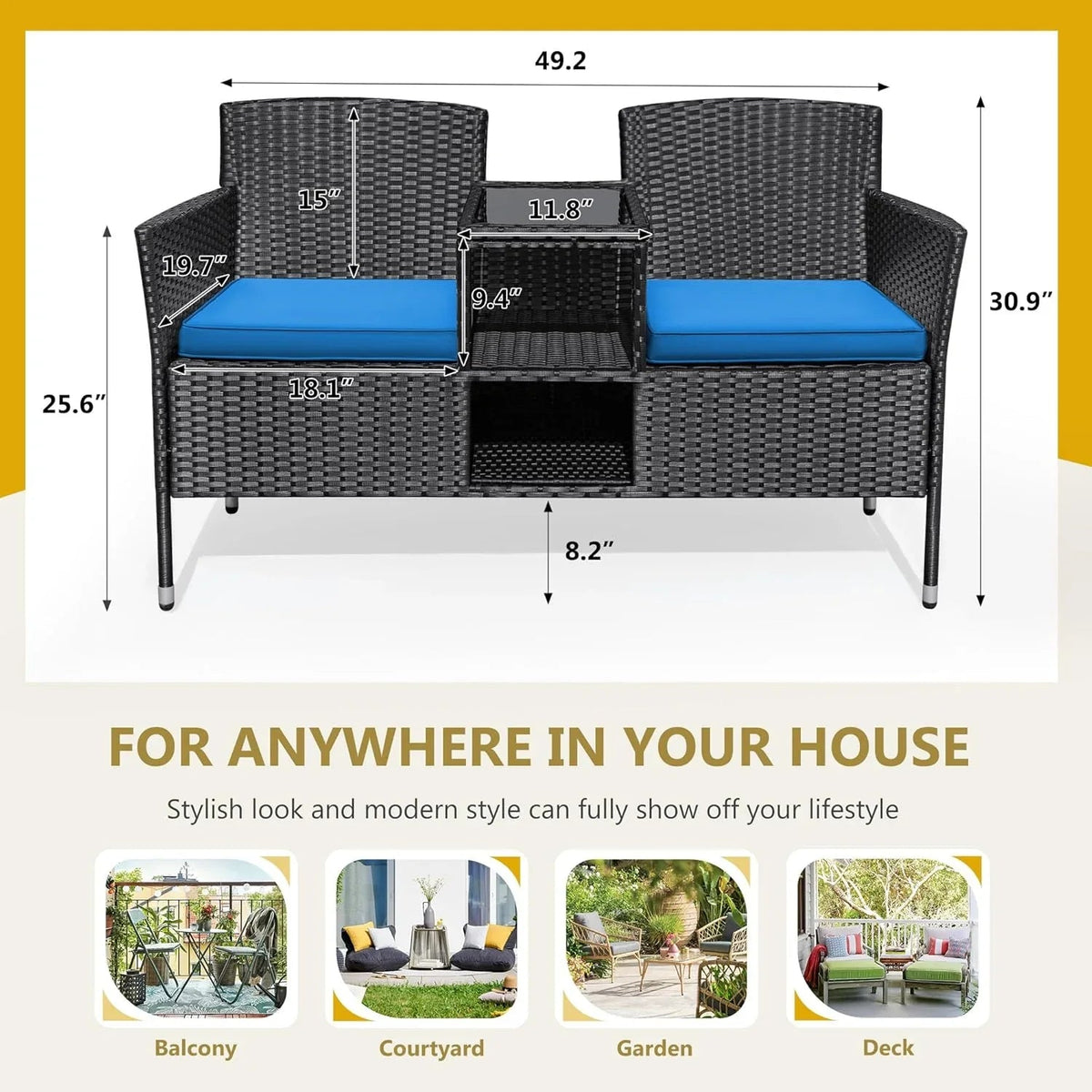 Flamaker Outdoor Wicker Patio Loveseat With Built-In Table And Cushions, Beige - 49.2 x 21.3 x 30.9 in