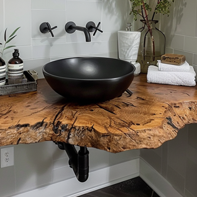 Rustic Floating Vanity Shelf, Live Edge Wood Counter for Small Baths