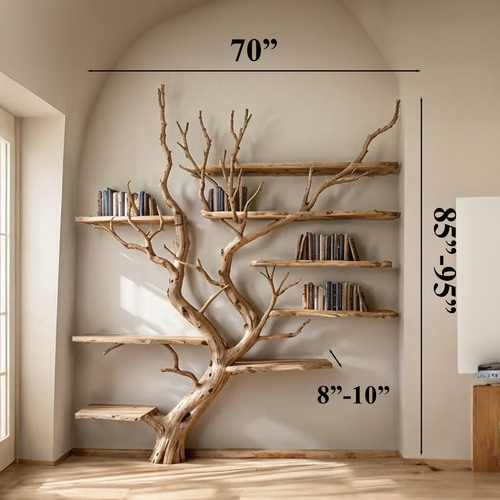 Tall Tree Bookshelf, Wall Mount Solid Wood Bookcase with Branches