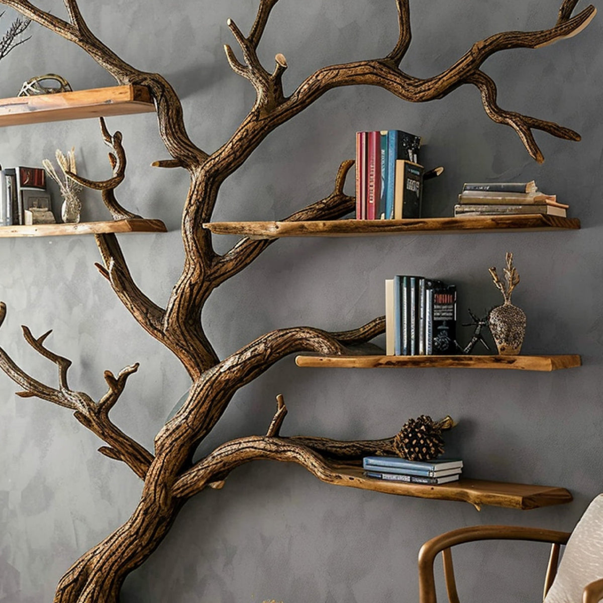 Tree Branch Bookshelf, Carved Solid Wood Wall Shelf for Living Room