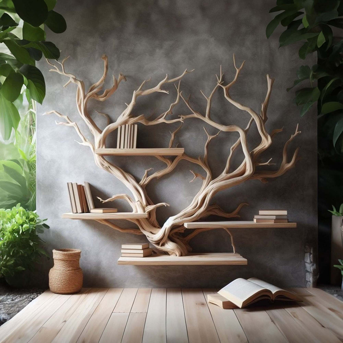 Rustic Tree Bookshelf, Driftwood Style Wall Shelf for Home Office