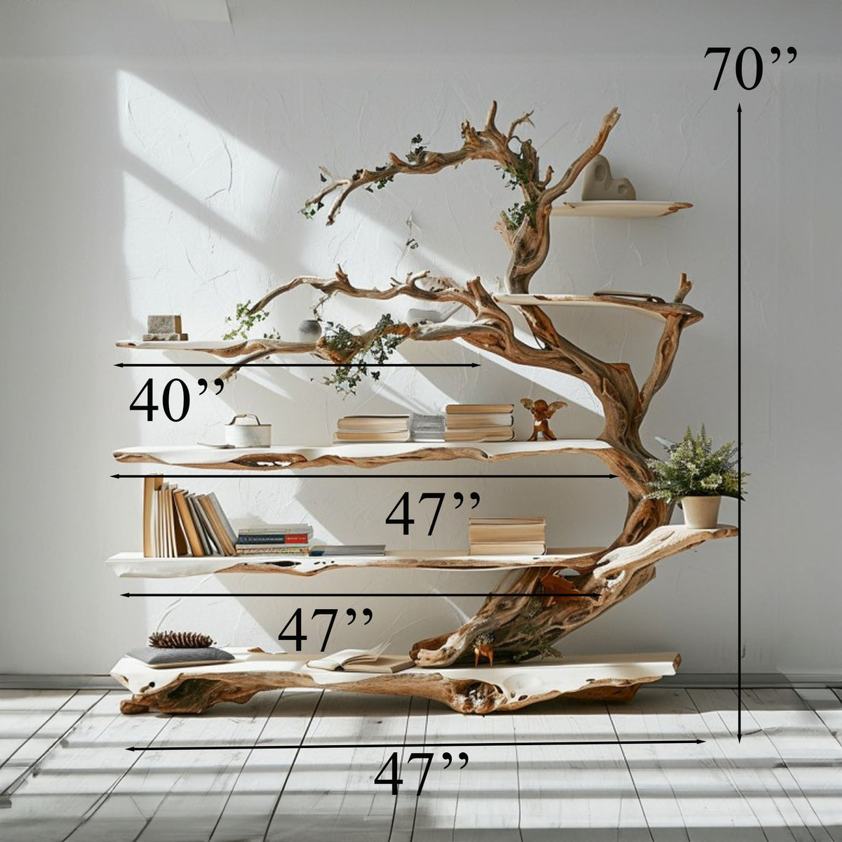 Standing Tree Branch Corner Shelf, Farmhouse Live Edge Display