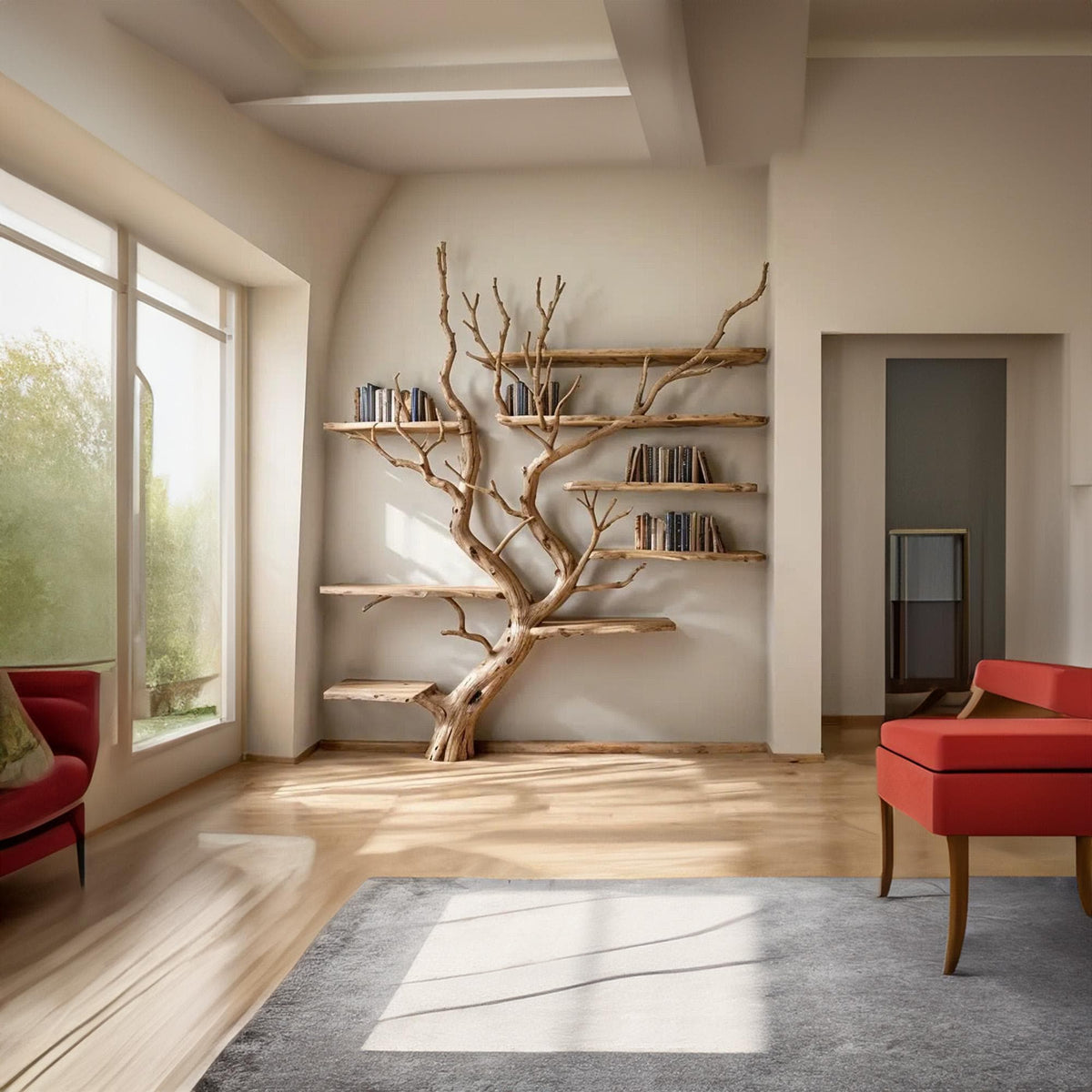 Tall Tree Bookshelf, Wall Mount Solid Wood Bookcase with Branches