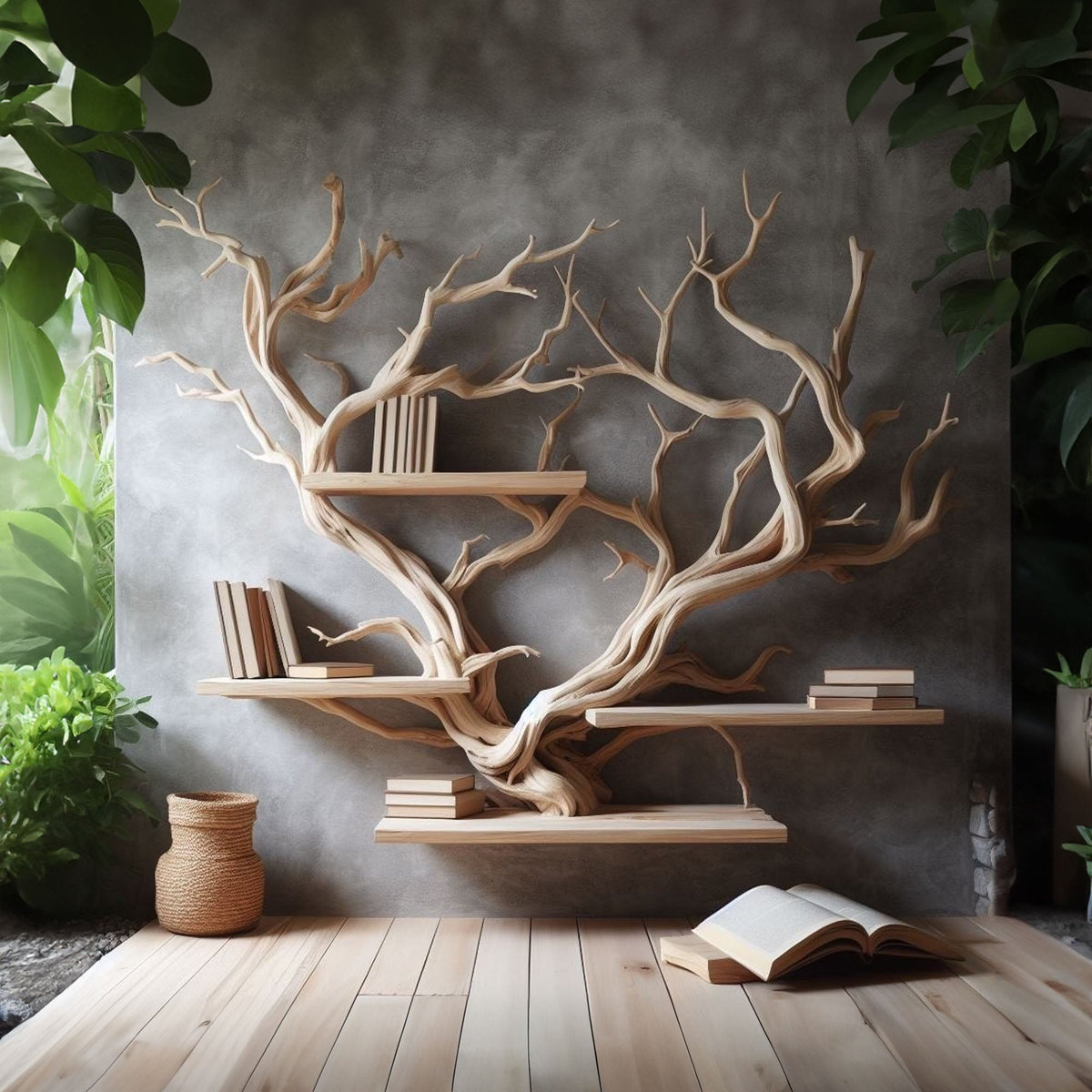 Rustic Tree Bookshelf, Driftwood Style Wall Shelf for Home Office