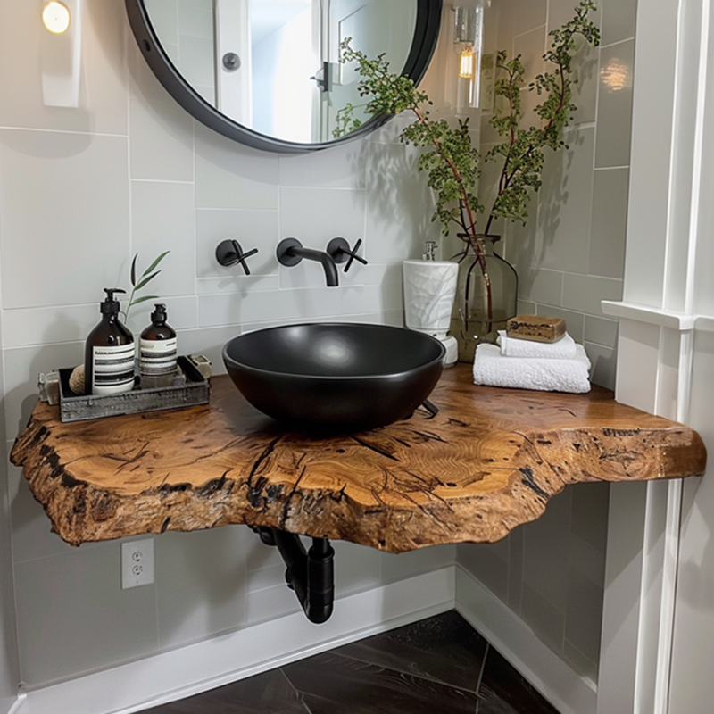 Rustic Floating Vanity Shelf, Live Edge Wood Counter for Small Baths