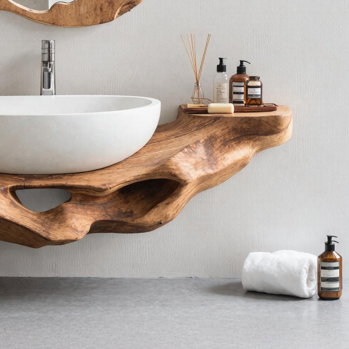 Live Edge Floating Vanity Shelf, Mid Century Solid Wood Bathroom
