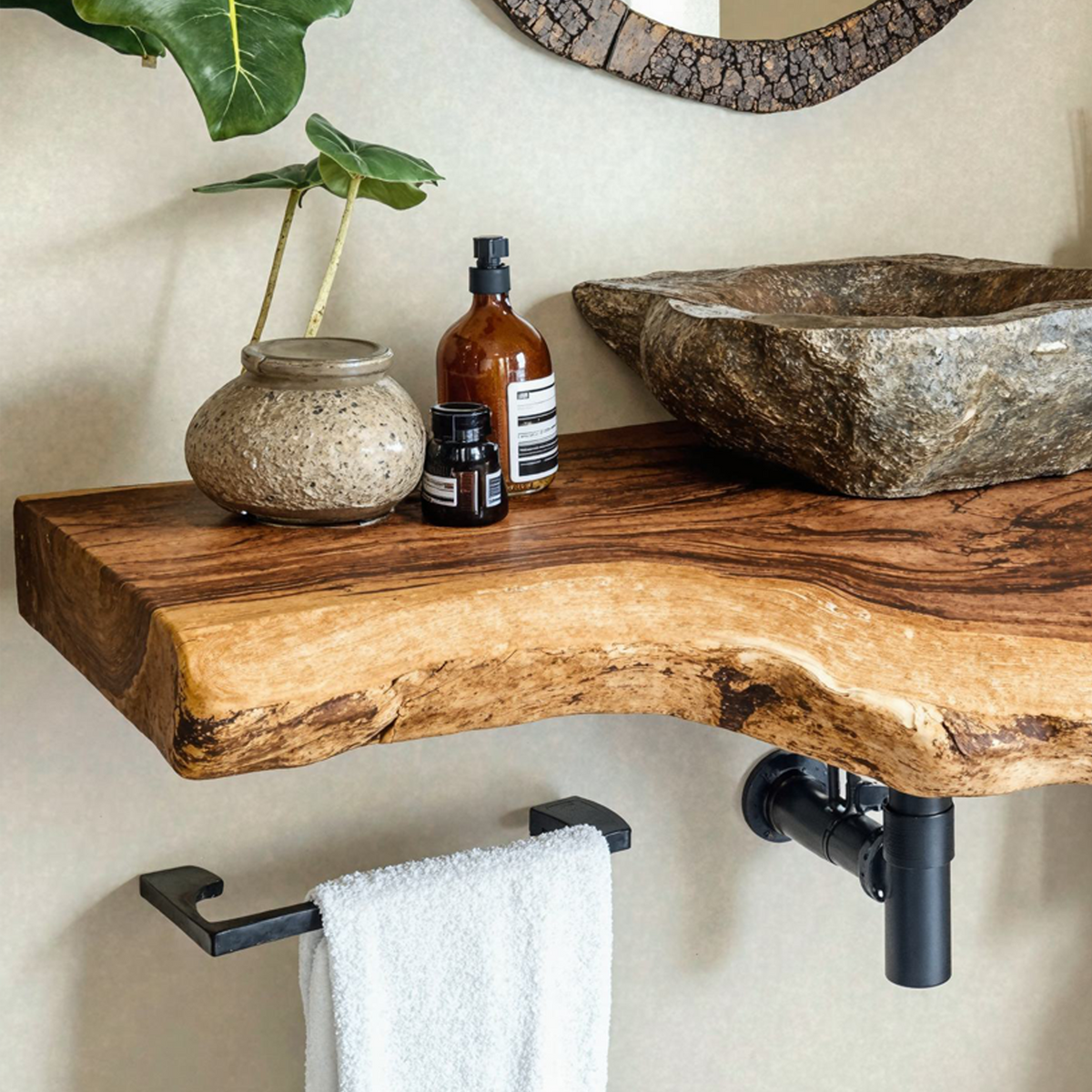 Floating Bathroom Vanity Shelf, Thick Live Edge Wood Sink Countertop