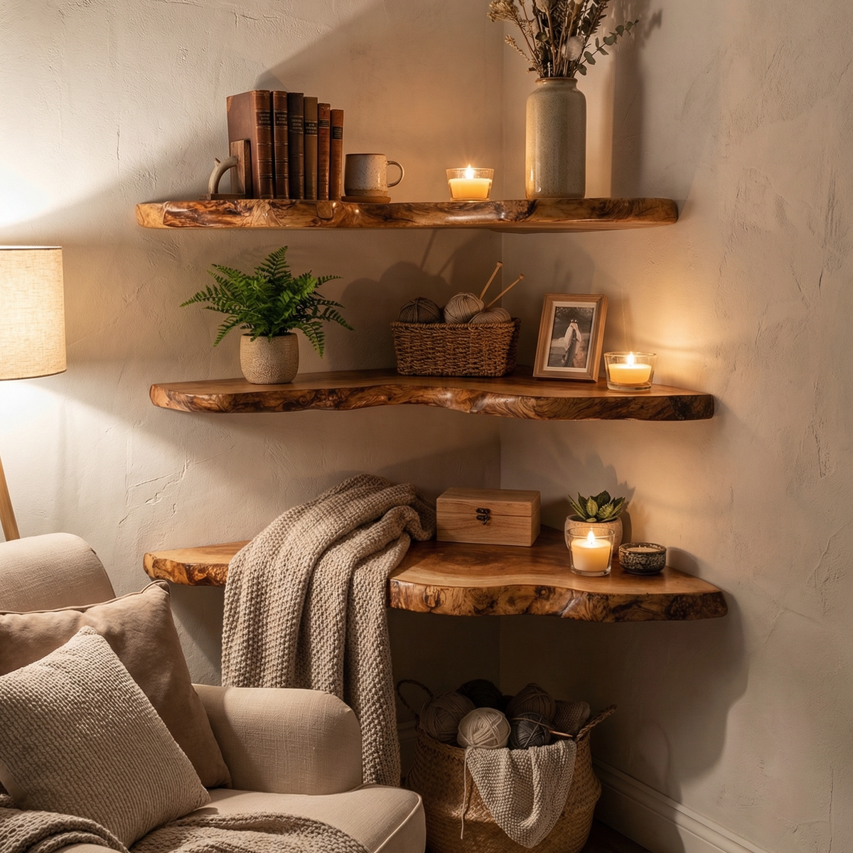 Custom Corner Floating Shelf, Solid Wood Book and Display Shelf