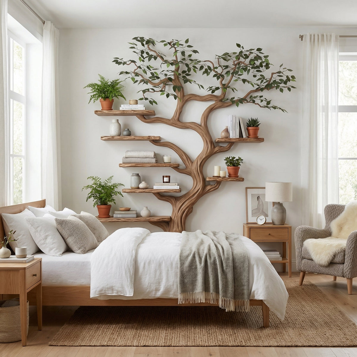 Black Tree Branch Bookshelf, Mid Century Wall-Mounted Floating Shelf