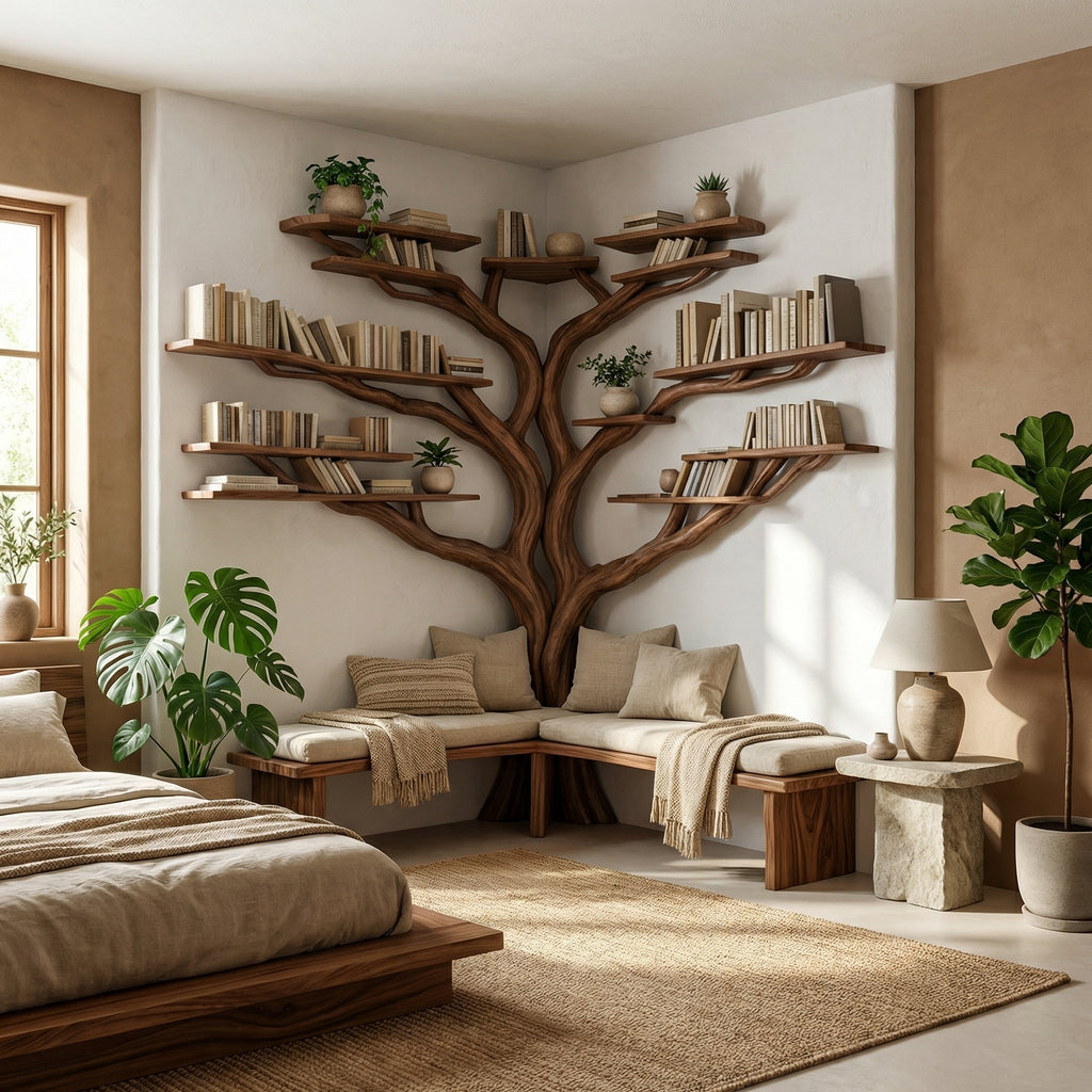 Tree Corner Bookshelf with L-Shaped Bench, Floating Wood Reading Nook