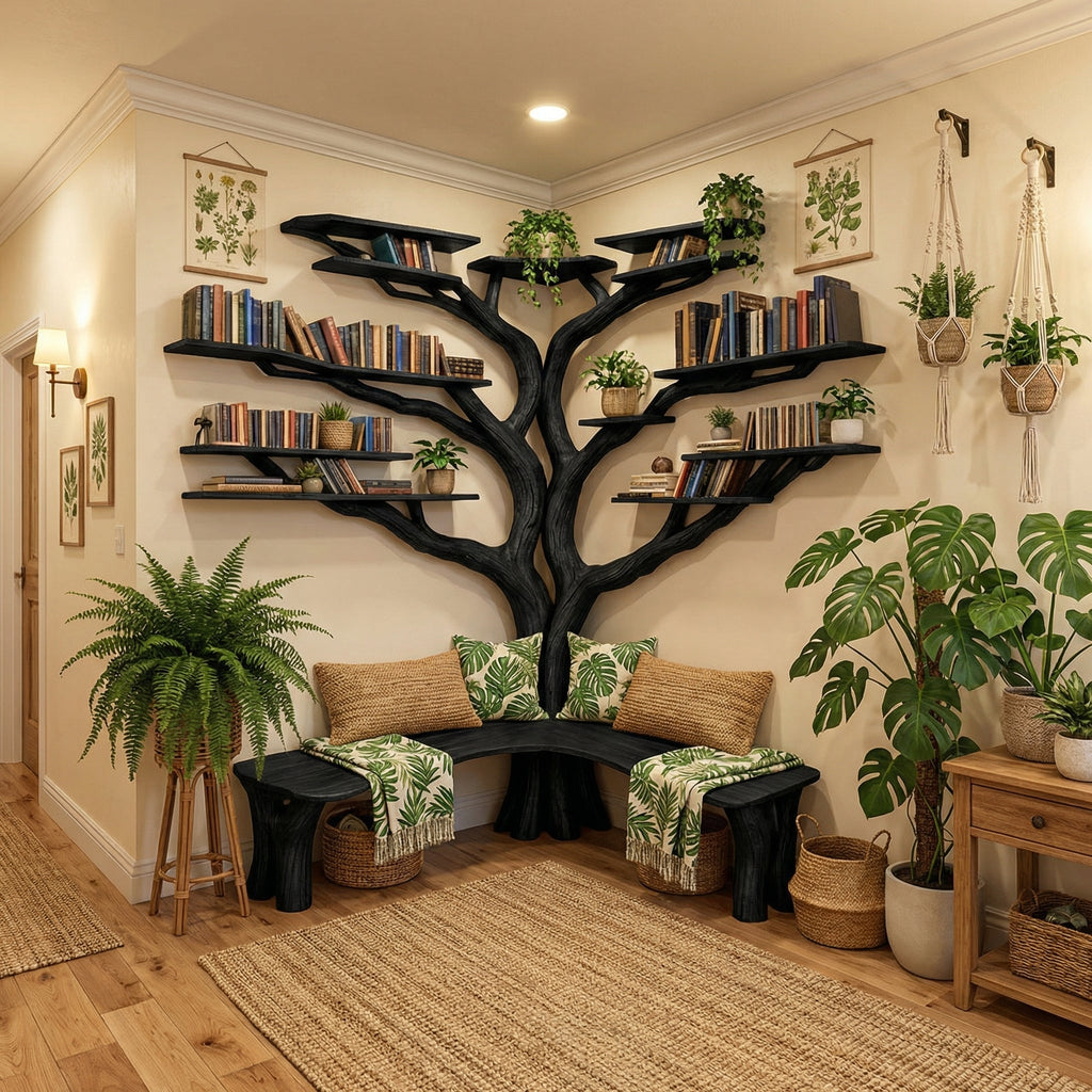 Tree Corner Bookshelf with L-Shaped Bench, Floating Wood Reading Nook