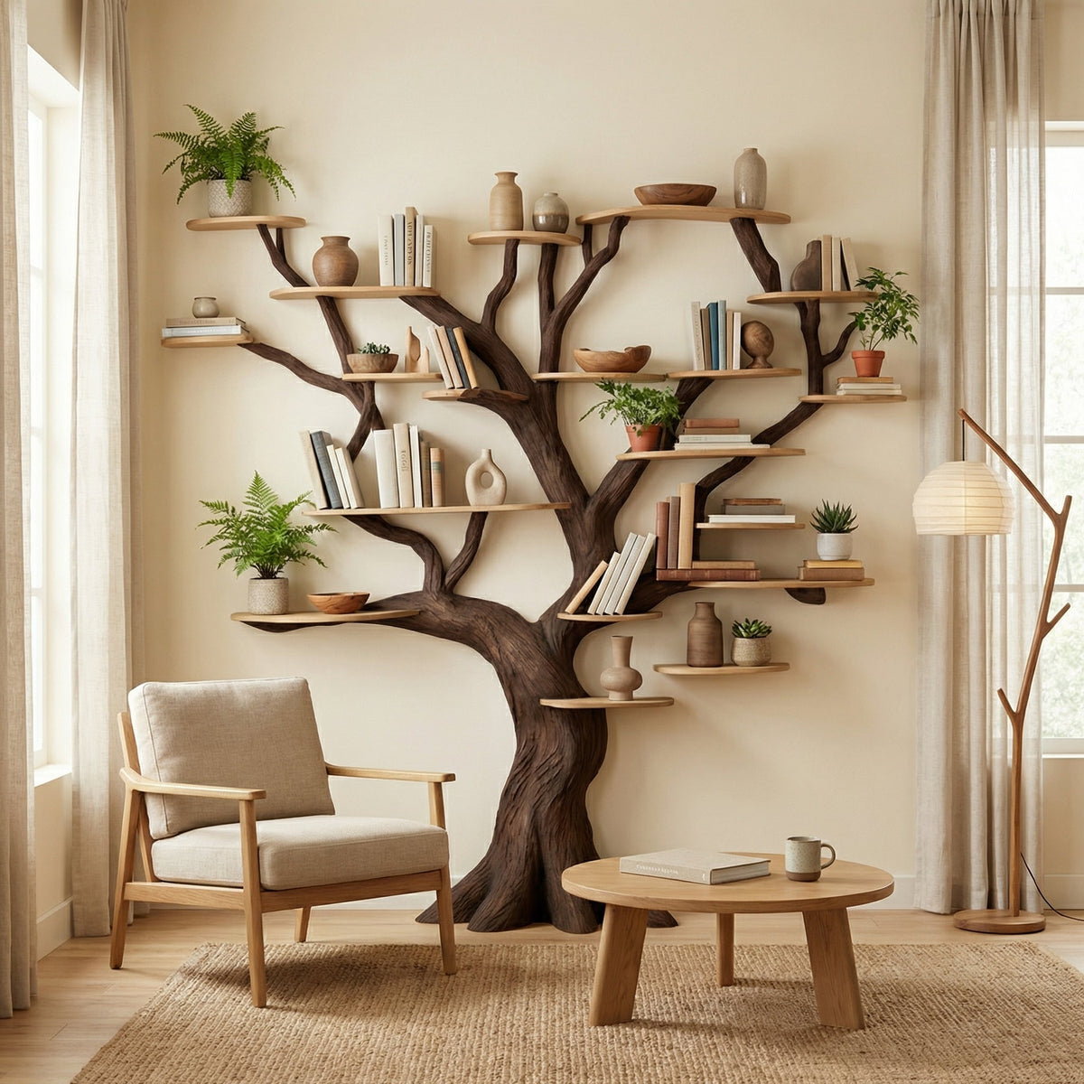 Tree Branch Floating Bookshelf, Oversized Wall-Mounted Wood Shelf