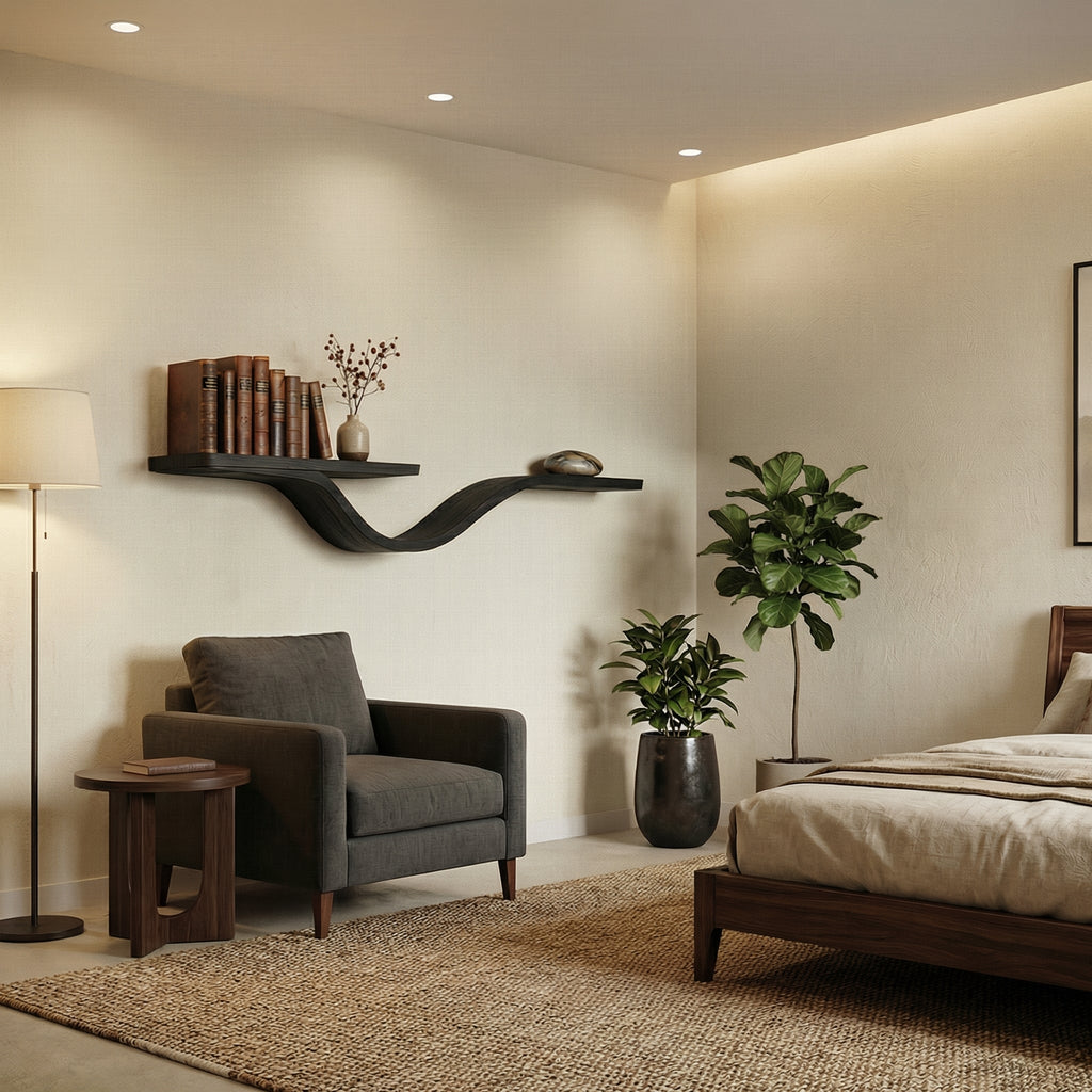 Wavy Floating Shelf, Rustic Live Edge Wall Shelf for Living Room