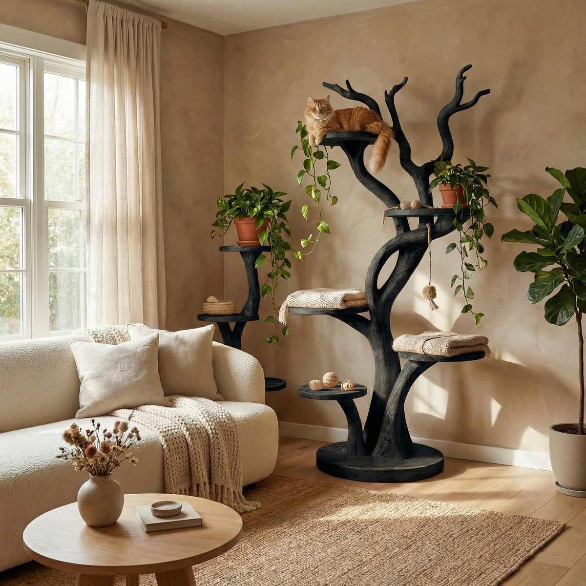Wooden Cat Tree Tower, Large Modern Climbing Tree in Solid Wood