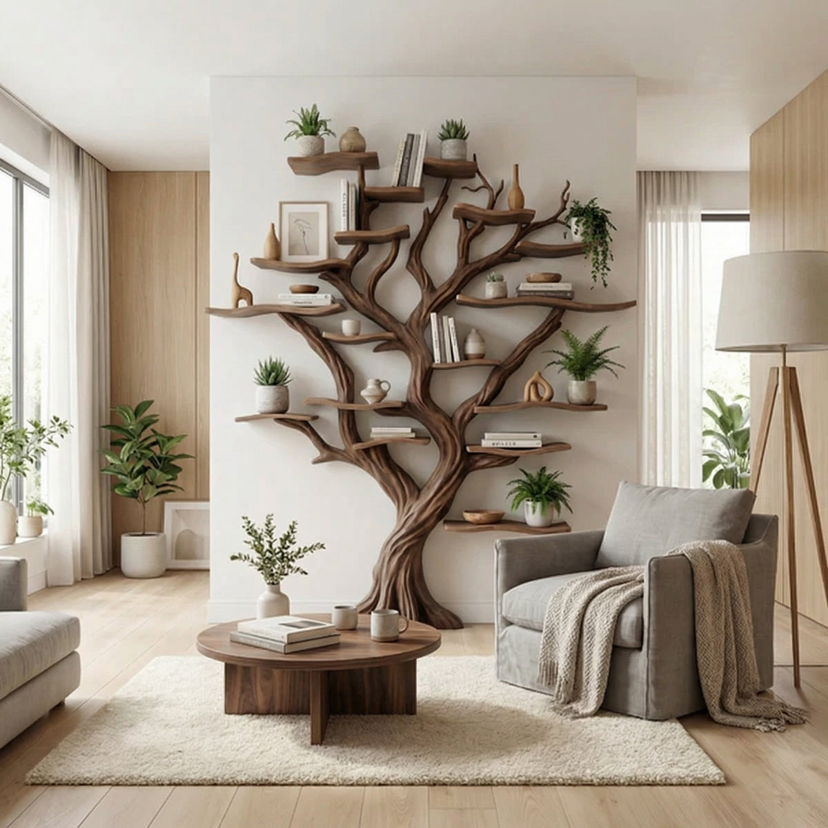Tree Branch Bookshelf, Floating Solid Wood Wall Shelf Art